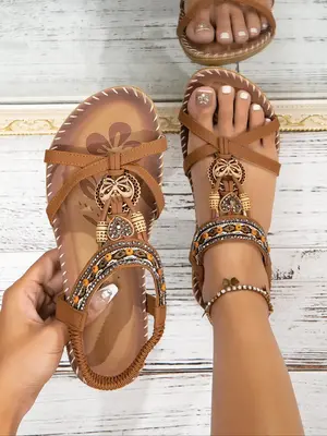 Women's Boho Casual Ethnic Style Slip on Flat Sandals, 2024 New Style Trendy Open Toe Sandals for Women and Girls, Fashionabl...