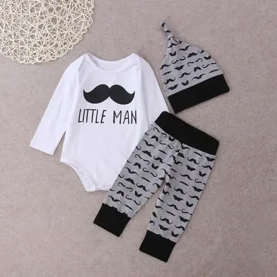 Infant Baby Boys Beard Print Clothes Set Letter Little Man Romper + Elastic Waist Long Pants + Hat 3 PCS Outfit