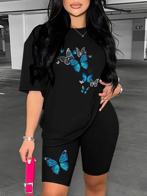 Two-piece Set Women's Cartoon Butterfly Print Tee & High Waist Shorts Set, Casual Half Sleeve T-shirt & Skinny Shorts, Ladies...