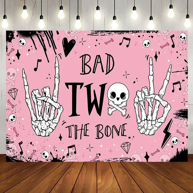 Bad Two The Bone Pink Rock Skull Birthday Backdrop - Aperturee