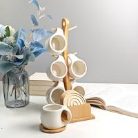 Ceramic Ceramic Mug Kit, 6 Counts Coffee Cup & 6 Counts Spoon & 6 Counts Mat & 1 Count Wooden Cup Holder Set, Drinkware Set f...