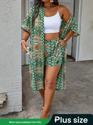 【Plus Size】 All Over Print Blouse & High Waist Shorts Vintage Set without Inner Cami, Boho Bohemian Casual Pocket Open Fr...