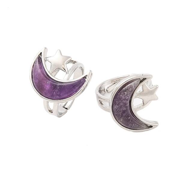 Moon & Star Natural Amethyst Adjustable Rings