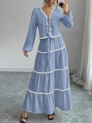 【Modest Fashion】Elegant Women's Lantern Sleeve Ruffle Bow Shirt and Skirt Set, Muslim Fashion, Modesty Clothing for Speci...