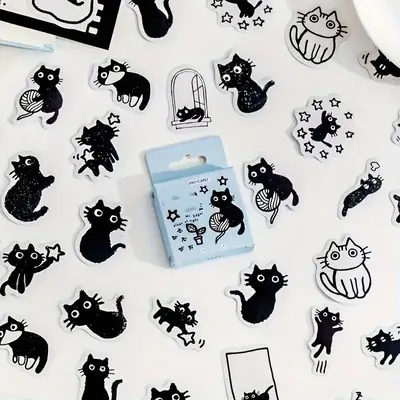 Cute Cartoon Cat Pattern Sticker, 45pcs/Box Self Adhesive Decor Paper, DIY Decorative Sticker for Gift Greeting Card Water Bo...