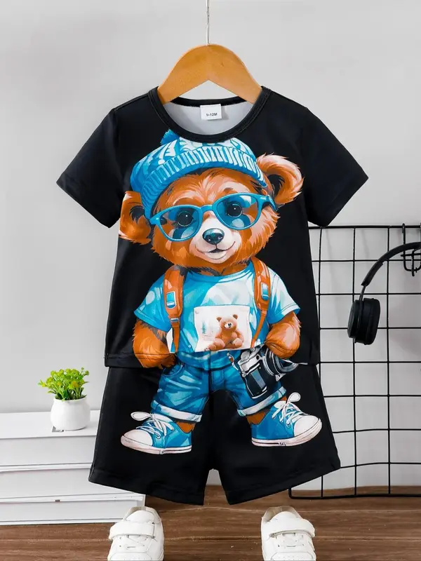 Baby Boy's Bear Print Short Sleeve Tee & Shorts Two-piece Set, Casual Round Neck T-shirt & Shorts, Summer Outfits Clothes fo...