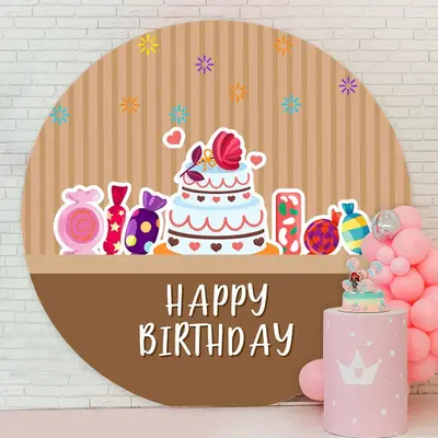 Aperturee Round Cake Khaki Stripe Happy Birthday Backdrop