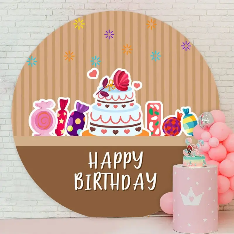 Aperturee Round Cake Khaki Stripe Happy Birthday Backdrop