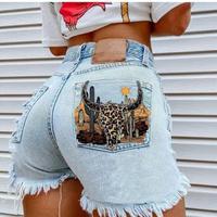 [Varlden] Western Desert Skull Shorts – High Waisted Denim with Leopard Longhorn & Cactus Pocket Graphic
