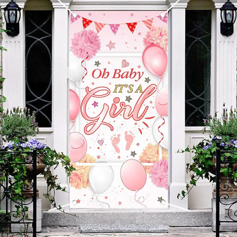Pink Floral Balloon Girls Baby Shower Door Cover - Aperturee