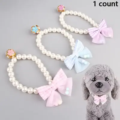 Cute Bowknot Design Pet Collar with Pearl Decor, Pet Necklace, Pet Accessories for Small Medium Dogs & Cats, Dog Decorations...