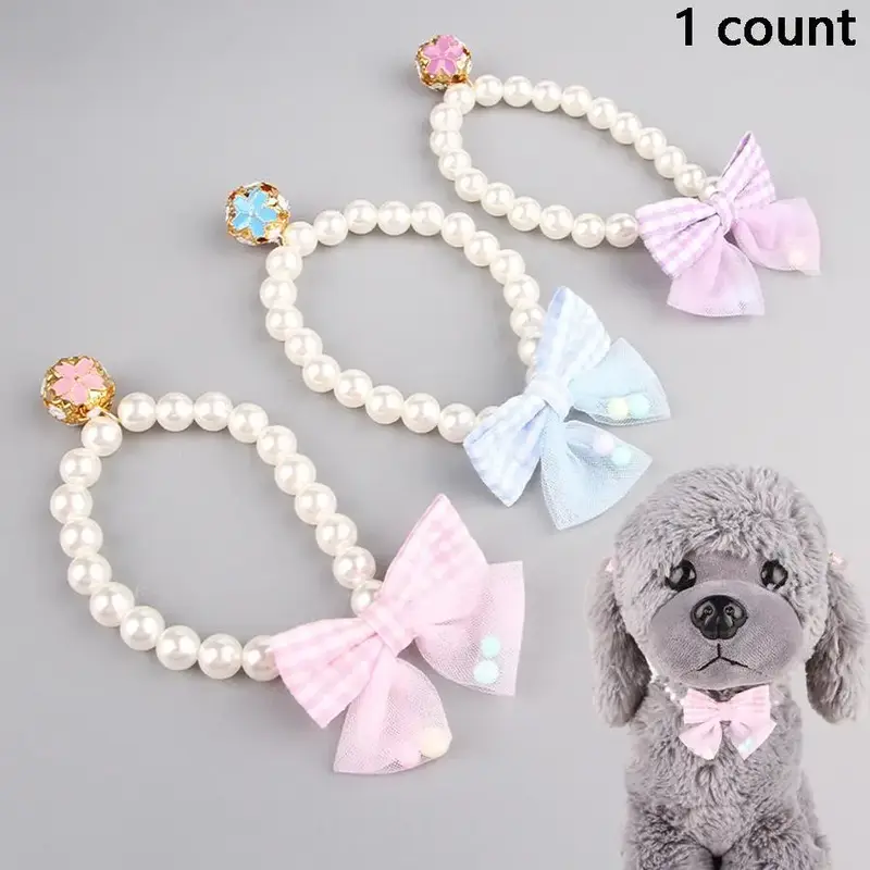 Cute Bowknot Design Pet Collar with Pearl Decor, Pet Necklace, Pet Accessories for Small Medium Dogs & Cats, Dog Decorations...