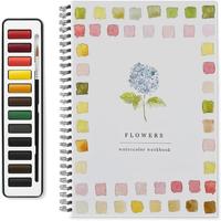 Flower Pattern Watercolor Art Journal Kit, 1 Set Watercolor Art Journal Book with 12 Colors Paint Set & Brush, Art Crafts Pai...