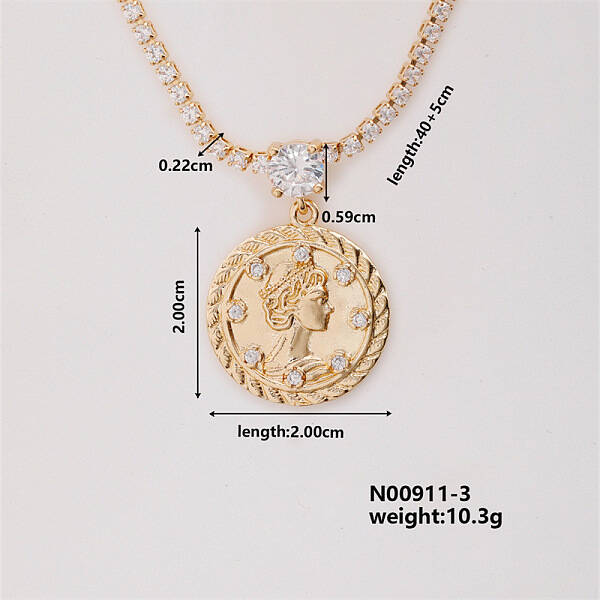 Fashion Brass Rhinestones Flat Round Pendant Necklace for Women