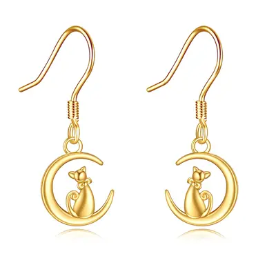 14K Gold Cat & Moon Drop Earrings