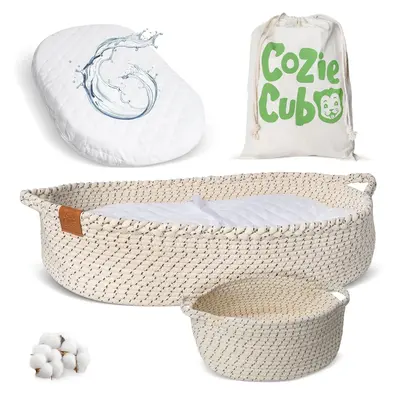 Baby Changing Basket with Diaper Caddy Set – 100% Cotton Rope, Foam Pad with Waterproof Cover, Safety Belt & Protective Rai...