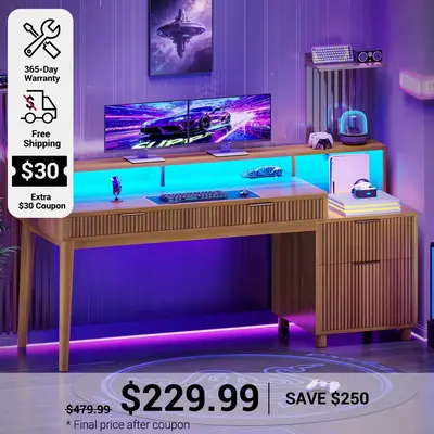 SEDETA ® 59 Inch Fluted Wood Gaming Computer Desk with Storage Modern Office Desk with 4 Drawers LED Lights and Power Strip ...