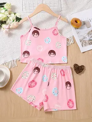 Two-Piece Set Girl's Donut Print Crop Cami Top & Shorts Set, Casual Soft Comfortable Strap Top & Shorts for Daily Wear, Kids ...