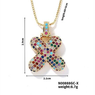 Brass Pave Colorful Cubic Zirconia Letter Pendant Box Chain Necklaces