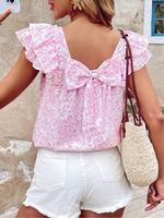 Women's Floral Print Tie Shoulder Blouse, Casual Ruffle Trim Cap Sleeve Top for Summer, Women's Clothing for Daily Wear, Shir...
