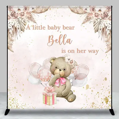 Custom Boho Bear Balloon Pink Baby Shower Backdrop - Aperturee