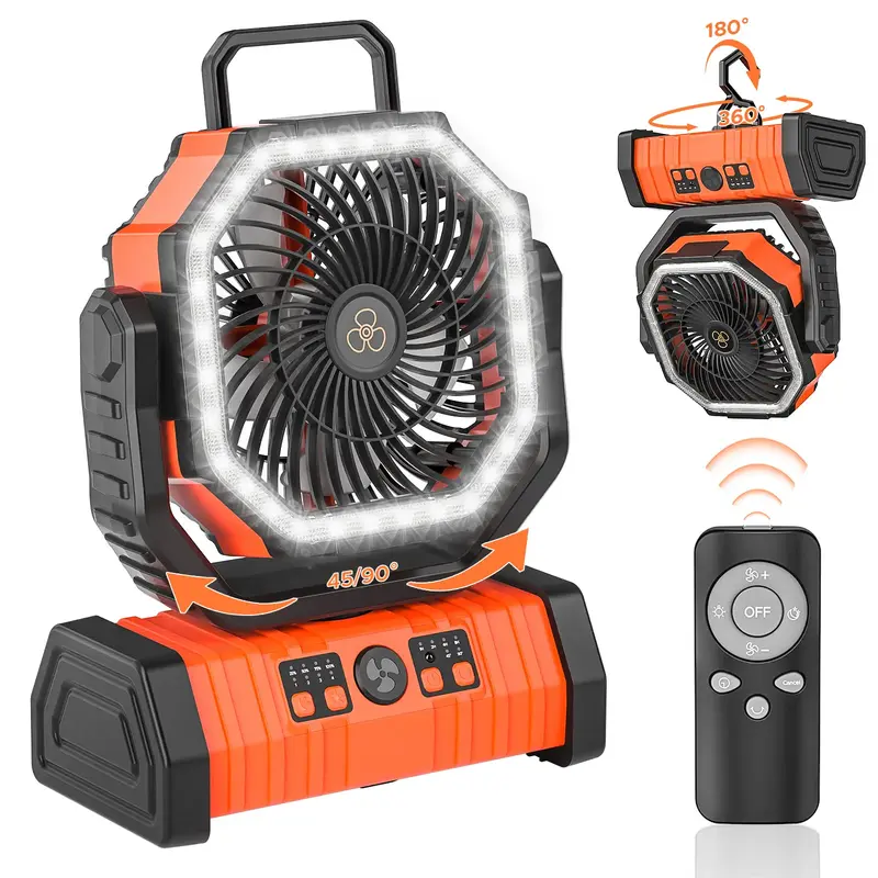 Cordless 20000mAh Rechargeable Portable Camping Fan with LED Lights, Remote Control, Foldable Hook, 4-Settings Wind Speeds, U...