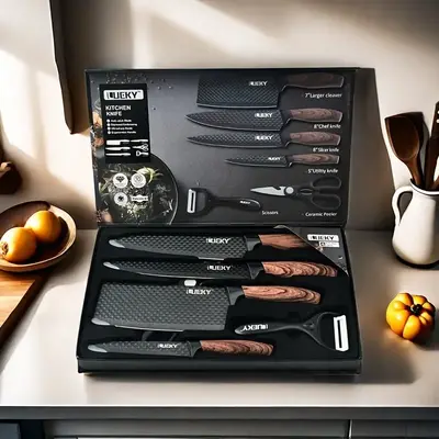 6-Piece Black Professional Kitchen Knife Set with Sharp Blades, Ergonomic Wood Handle & Super Sharp Meat Knives for Chef Use ...