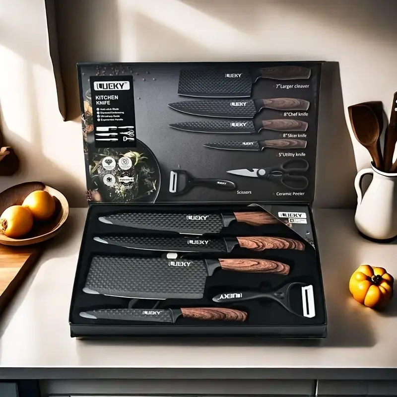 6-Piece Black Professional Kitchen Knife Set with Sharp Blades, Ergonomic Wood Handle & Super Sharp Meat Knives for Chef Use ...