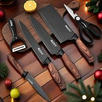 6-Piece Black Professional Kitchen Knife Set with Sharp Blades, Ergonomic Wood Handle & Super Sharp Meat Knives for Chef Use ...