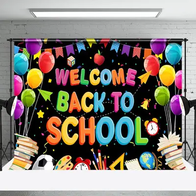 Colorful Balloon Ribbon Books Back To School Backdrop - Aperturee