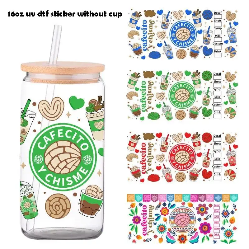 Cartoon Food & Flower Pattern Sticker, 4 Counts/Set Coffee Cup UV DTF High Self-adhesive Wrap, Waterproof Decorative Sticker...