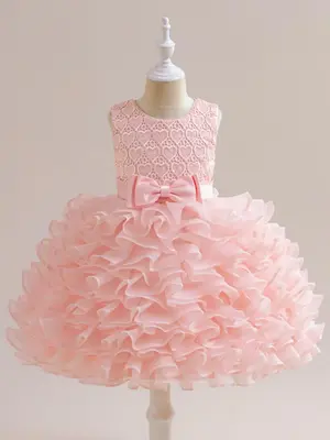 Toddler Girl's Heart Embroidery Tiered Layer Ruffle Party Dress, Fashion Bow DecorĀ Sleeveless Round Neck Partywear for Eveni...