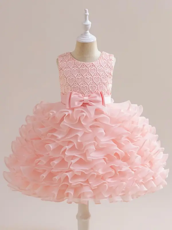 Toddler Girl's Heart Embroidery Tiered Layer Ruffle Party Dress, Fashion Bow Decor Sleeveless Round Neck Partywear for Eveni...