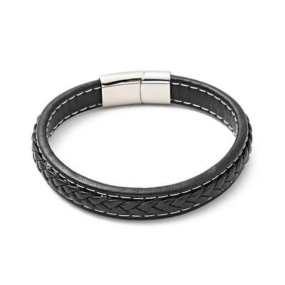 Cowhide Braided Flat Cord Bracelet with 304 Stainless Steel Magnetic Clasps