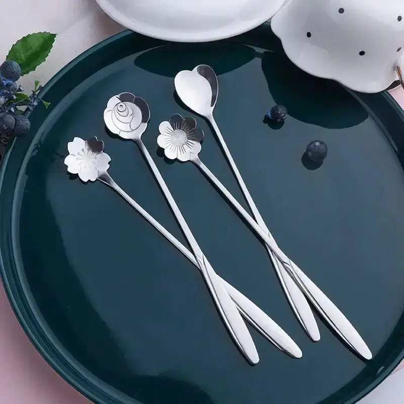 Flower & Heart Shaped Long Handle Teaspoon Set, 4pcs/set Stainless Steel Tea Spoon, Tea Spoon for Tea, Coffee, Milk, Cappucci...
