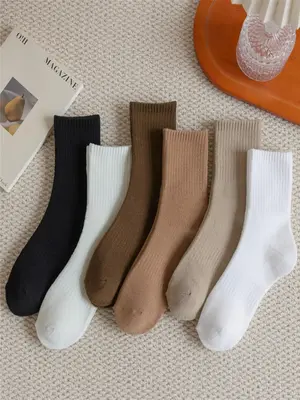 Women's 6 Pairs Solid Crew Socks, Casual Fashion Basic Comfortable Breathable Anti-slip Mid-calf Socks for Daily Wear, ...