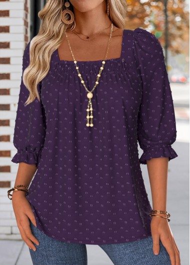 Modlily Purple Smocked Half Sleeve Square Neck Blouse - XL