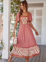 Women's Ethnic Pattern Butterfly Sleeve A Line Dress, Boho Fashion Square Neck Short Sleeve Long Dress for Daily Holiday Vaca...