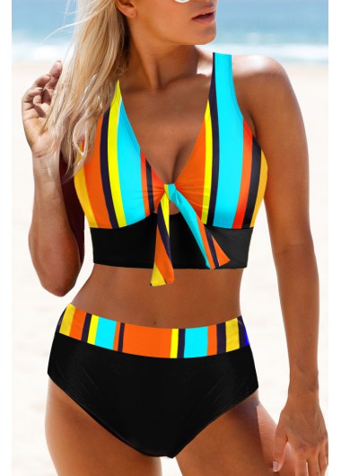 Modlily Rainbow Stripe Criss Cross Back Bikini Set - XL