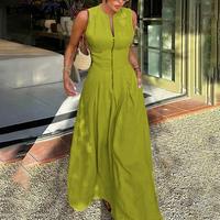 UOOZEE Women's A-line Loose Pleated Pocket Slit Zipper Round Neck Long Dress The size is smaller for those with fuller bust, ...