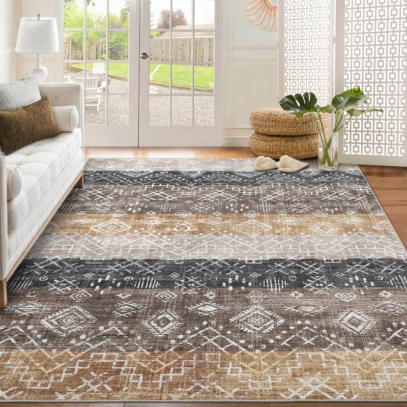 Garvee Boho Brown 5x7 Rug Living Room Rugs Washable Rug Bedroom Rug Throw Rug Soft Tribal Rug Neutral Geometric Rug Modern Ru...