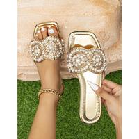 Golden Women\\ Rhinestone Slippers For Outside Wear - Fashionable New Style Flat Bottom Beach Sandals With Soft Comfortable S...