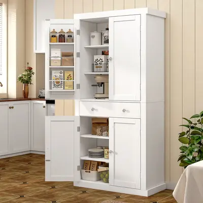 Fabiula 72 Tall Kitchen Pantry Cabinet with 4 Doors & Drawer Adjustable Shelves White Farmhouse Furniture Freestanding Design...