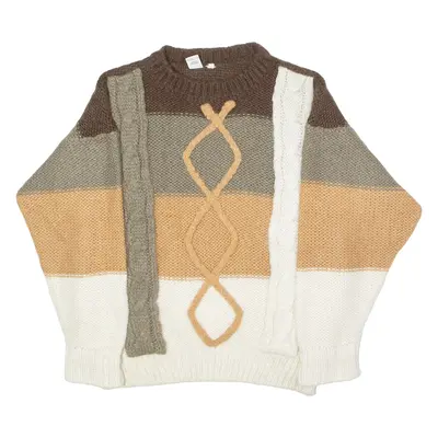 Mens Patterned Jumper Brown Striped Crew Neck 90s Chunky Knit S