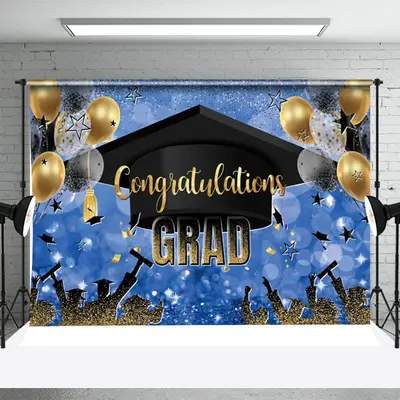 Dark Blue Hat Balloons Ribbon Graduation Backdrop - Aperturee