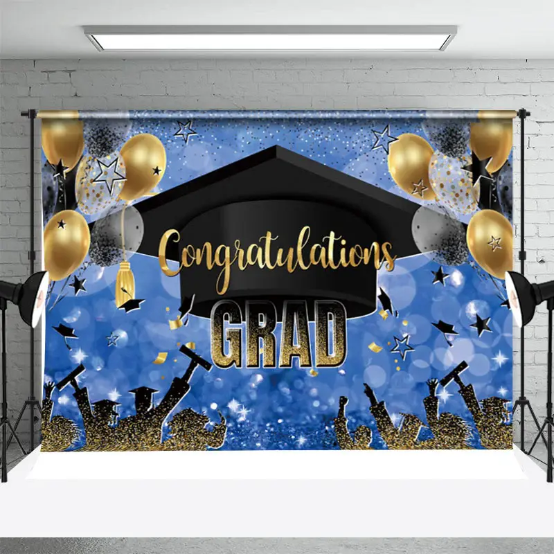 Dark Blue Hat Balloons Ribbon Graduation Backdrop - Aperturee