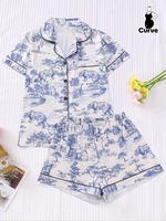 【Plus Size】 Two-piece Set Easter Egg and Rabbit Print Print Shirt & Shorts Pyjama Set, Casual Button Front Short Sleeve T...