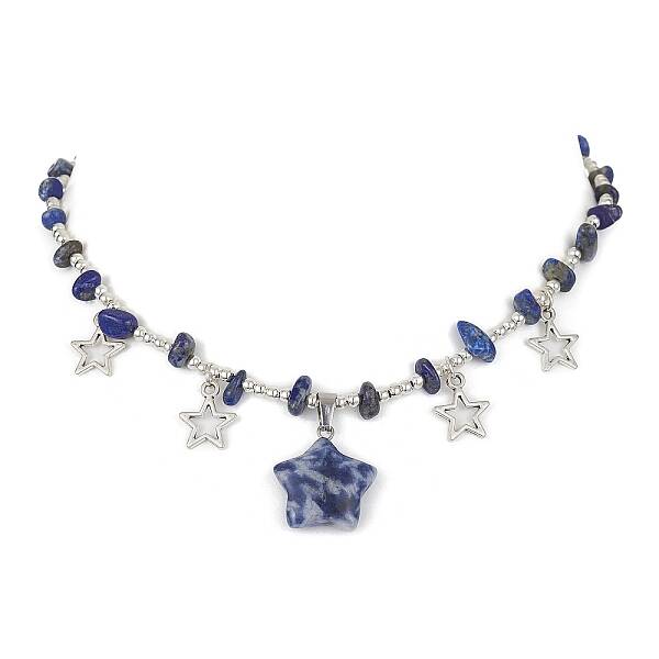 Natural Blue Spot Jasper & Alloy Star Charms Bib Necklace with Chips Beaded Chains