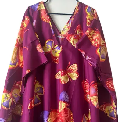 Plus Size Kaftan Dress for Ladies - Casual Women's Wear, V-Neckline, Butterfly Print, Long Sleeves, Ideal for Home, Beach Vac...