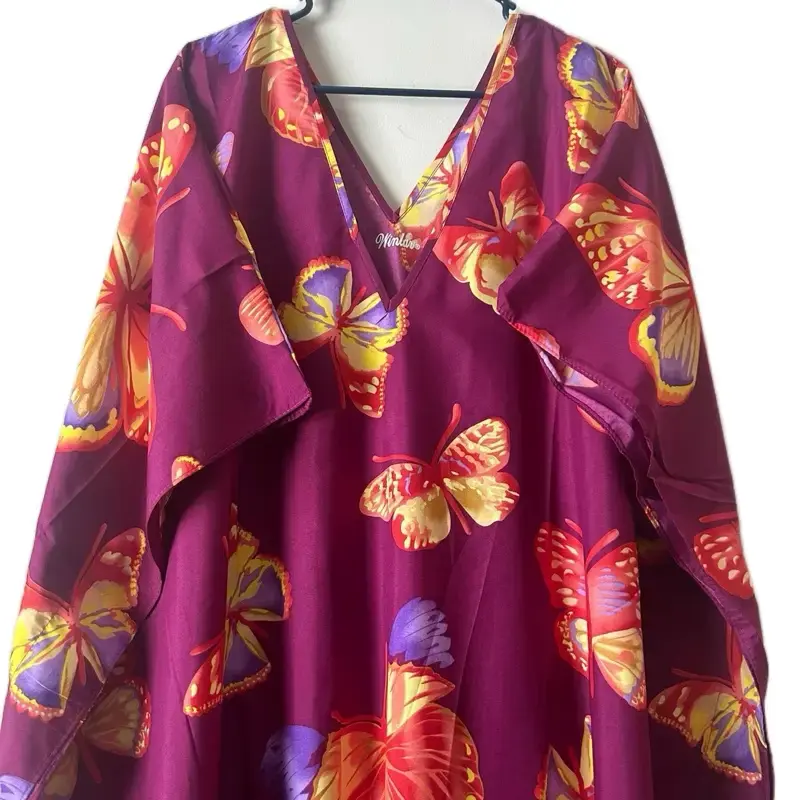 Plus Size Kaftan Dress for Ladies - Casual Women's Wear, V-Neckline, Butterfly Print, Long Sleeves, Ideal for Home, Beach Vac...